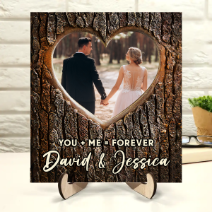 Custom Photo Pencil Drawing Carved In Love Couple You + Me = Forever - Personalized 2-Layered Wooden Plaque With Stand