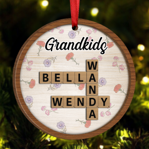 Grandkids Grandma's Garden Crossword Puzzle Art Birth Month Flower Personalized Wooden Ornament