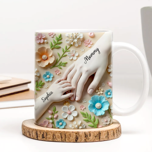 Daughter Son Holding Mother Hand Personalized 3D Effect Mug, Mother's Day Gift for Mom, Grandma