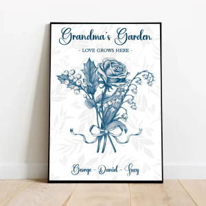 Vintage Floral Grandma Garden Birth Month Flowers Bouquet With Grandkids Names Personalized Poster