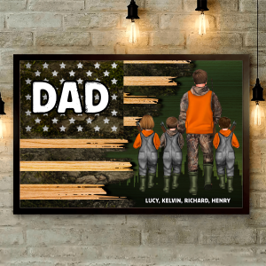 Hunting Dad Grandpa With Kids Half Nation Flag Personalized Horizontal Poster, Father's Day Gift For Dad, For Grandpa, For Husband