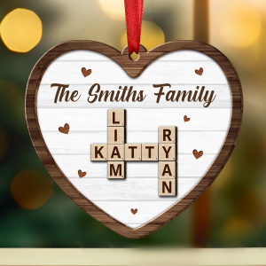 Custom Family Name Heart Crossword Scrabble - Personalized Wooden Ornament