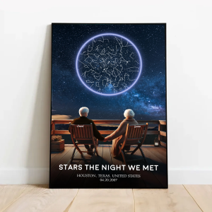 Custom Star Map Personalized Poster, Romantic Old Couple Sitting on the Beach