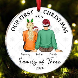 First Christmas As A Family Of Three New Parents - Personalized Circle Ornament
