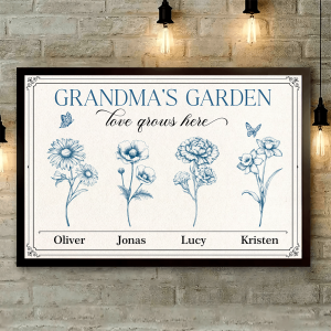 Grandma's Garden Retro Birthmonth Flower Personalized Poster, Grandkids Names Floral Gift