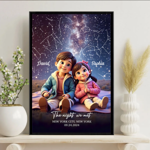 Cartoon Couple Sitting Under the Starry Night Personalized Poster, Custom Star Map by Date & Location, Anniversary, Birthday Gift for him, Gift for her