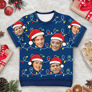 Custom Photo Santa Hat Funny Family Face - Personalized Short Sleeve Sweater