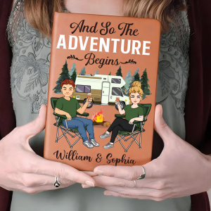 The Adventure Book Cartoon Couple Camping - Personalized Leather Journal