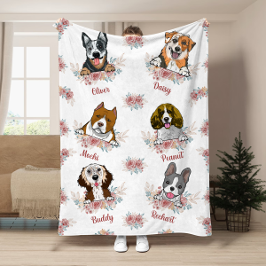 Floral Peeking Dogs Name Personalized Fleece Blanket