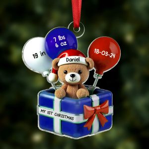 3D Effect Teddy Bear Baby First Christmas Personalized Acrylic Ornament, Newborn Christmas Gift