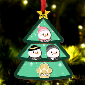 Christmas Tree Snowman Family - Personalized Wooden Ornament