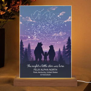 Bear Family Night Sky Constellation Print Personalized Acrylic Plaque With LED, Perfect Home Decor Newborn First Birthday Gift For Newborn, Gift For New Parents