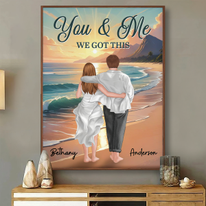 Back View Couple Embracing & Walking On The Beach Personalized Poster, Heartfelt Gift For Couple, For Him, For Her, Boyfriend, Girlfriend, Husband, Wife