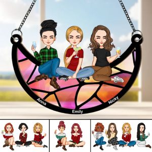 Besties - Best Friends Sitting On The Moon - Personalized Window Hanging Suncatcher Ornament - Makezbright Gifts