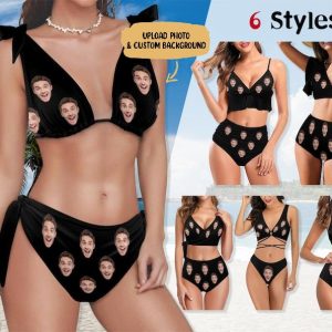 Bikini - Custom Big Face Black Swimsuit With Solid Color - Personalized Bikini Swimsuit - Makezbright Gifts