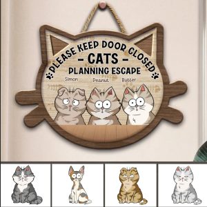 Cat Lovers - Cats Planning Escape - Personalized Shaped Wood Sign - Makezbright Gifts