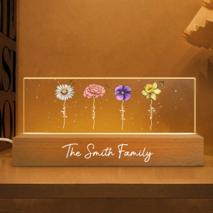 Family Members Birth Month Flowers Personalized Acrylic Block LED Night Light, Gift For Dad, Mom, Son, Daughter