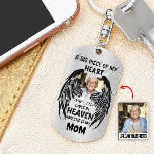 Family - Custom Photo A Big Piece Of My Heart Lives In Heaven - Personalized Engraved Stainless Steel Keychain (HJ) - Makezbright Gifts