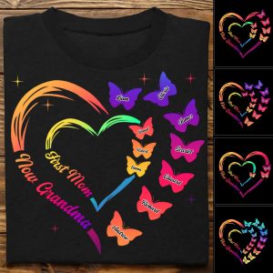 Grandma - First Mom Now Grandma With Butterfly - Personalized T - Shirt - Makezbright Gifts