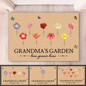 Grandma - Grandma‘s Garden Love Grows Here Vintage Birth Flowers Swirl Name - Personalized Doormat (VT) - Makezbright Gifts